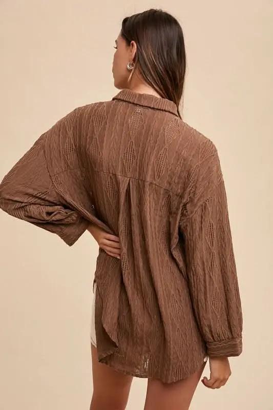 Openwork Drop Shoulder Button-Up Shirt by Annie Wear - Love Salve